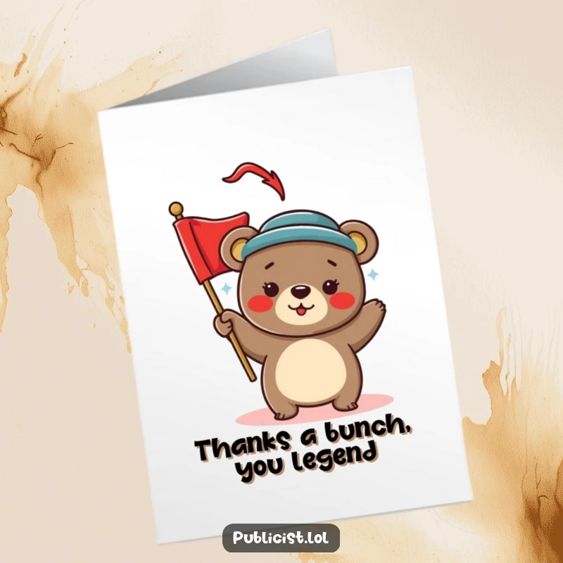 Funny Free Printable Thank You Card: Bear in hat waving red banner, gratitude message, downloadable.