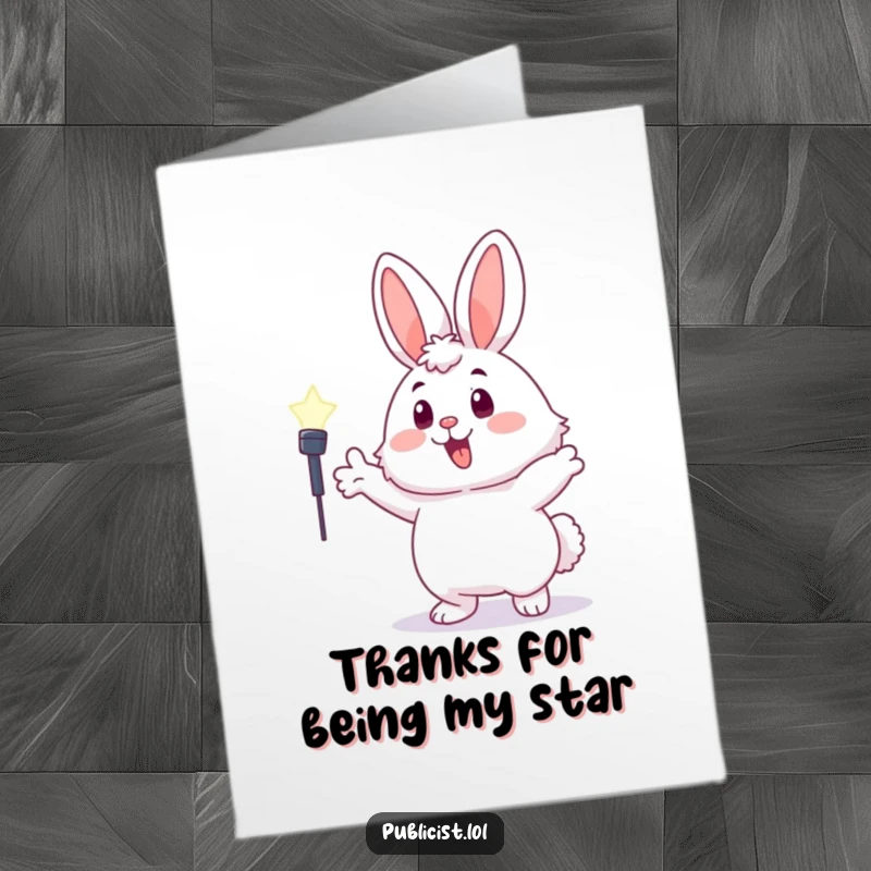 Funny Free Printable Thank You Card: A fluffy bunny enthusiastically gesturing towards a spotlight, conveying thanks with bright energy.