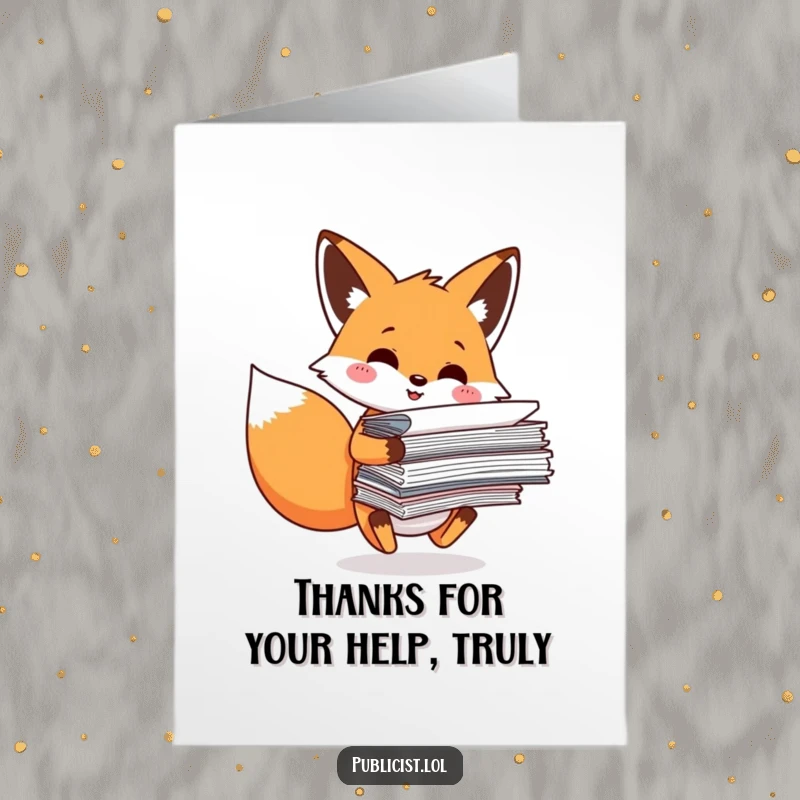 Funny Free Printable Thank You Card: Fox buried in paperwork, office gratitude humor, downloadable.