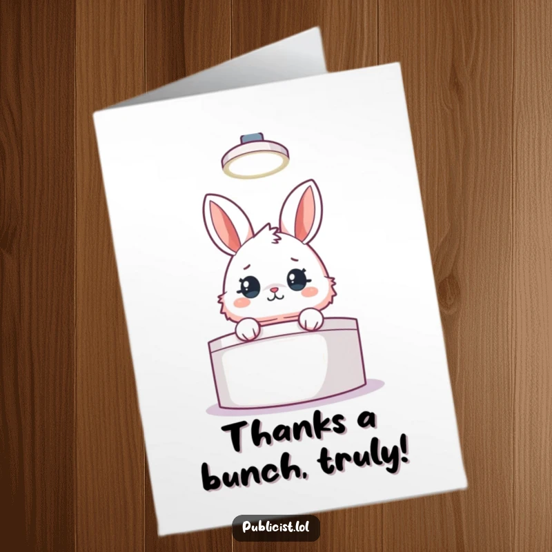 Funny free printable thank you card showing a fluffy rabbit peeking from behind a podium, receiving a spotlight of thanks.