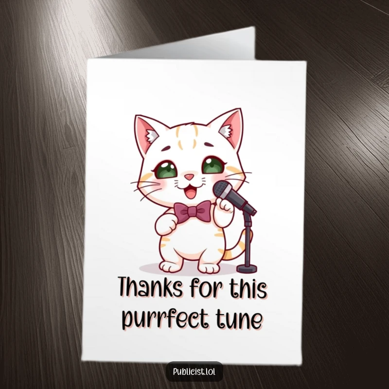 Funny Free Printable Thank You Card: A cute cat in a bowtie holds a microphone, striking a pose to convey thanks humorously.