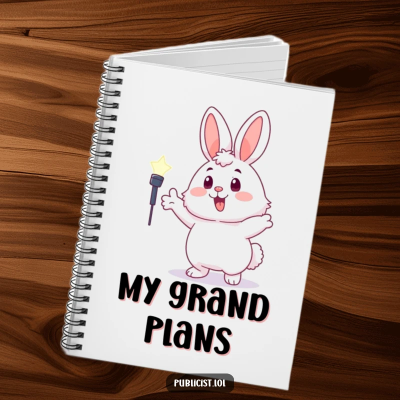 Funny fluffy bunny notebook featuring a character gesturing towards a spotlight, inspiring writing and creative thoughts.