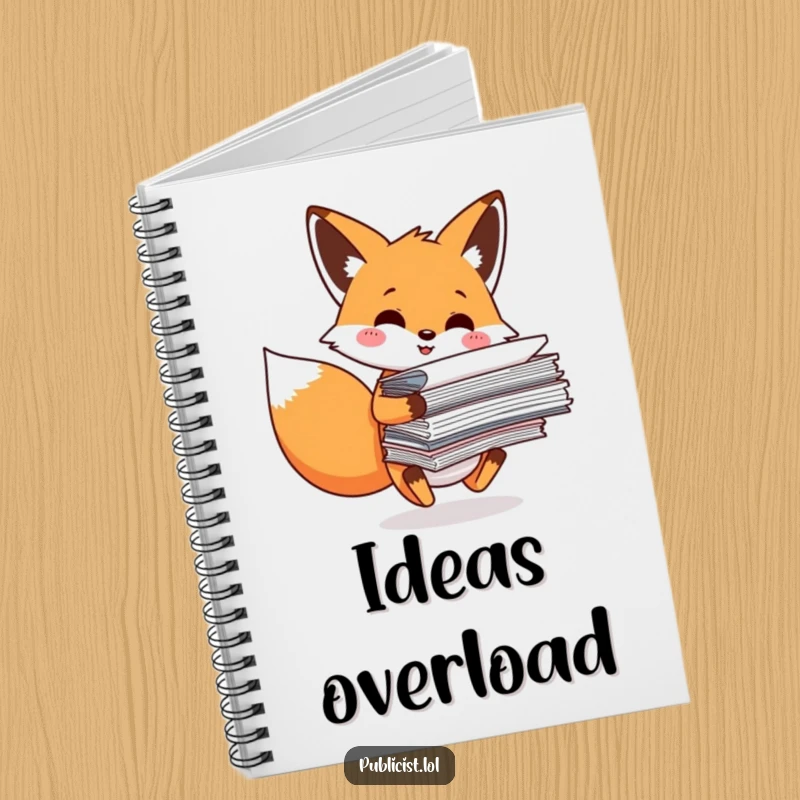 Funny Notebook with a smiling fox character struggling with a stack of papers, inspiring humorous note-taking and idea generation.