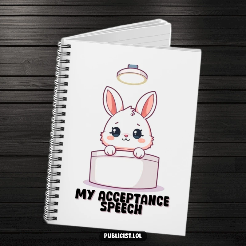 Funny notebook with a fluffy rabbit peeking from behind a podium under a spotlight, designed for humorous campaign notes.