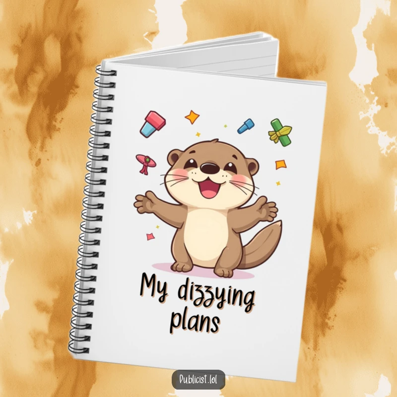 Funny notebook with a playful otter juggling colorful flyers with a wide grin, designed for humorous planning and note-taking.