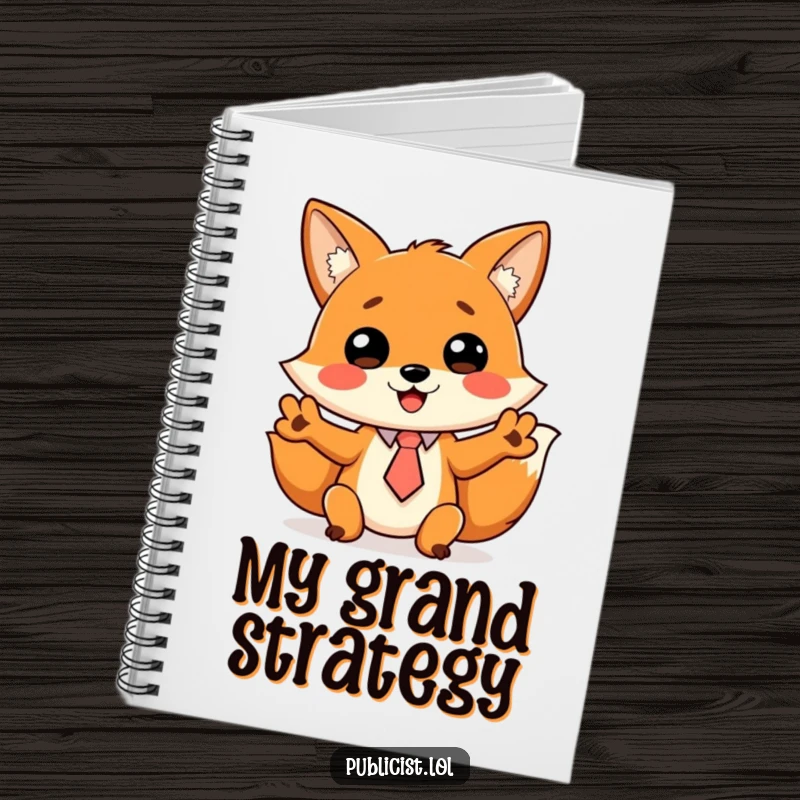Funny notebook with a cheerful fox in a tiny tie, gesturing wildly, designed for humorous meeting notes.