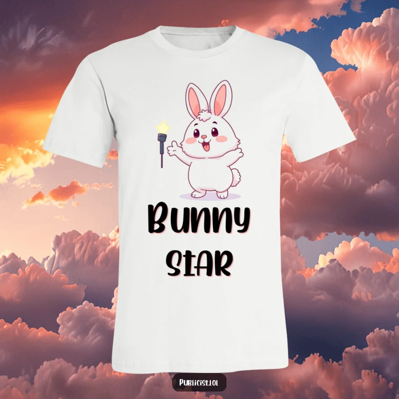 Funny fluffy bunny t-shirt featuring a character gesturing excitedly towards a brilliant spotlight, ready for attention.