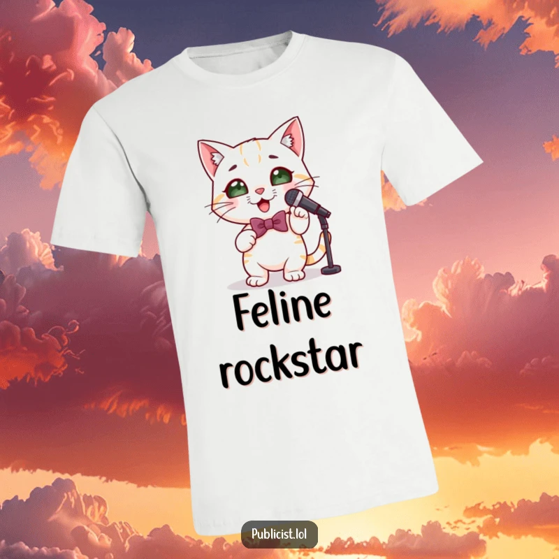 Funny cute cat t-shirt featuring a cat in a bowtie with a microphone, striking a fabulous pose, ready for the spotlight.