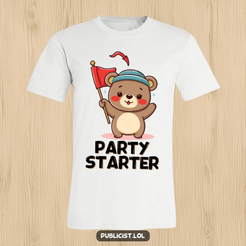 Funny T-Shirt with a playful bear wearing a stylish hat and waving a vibrant red banner, symbolizing fun and enthusiastic greetings.