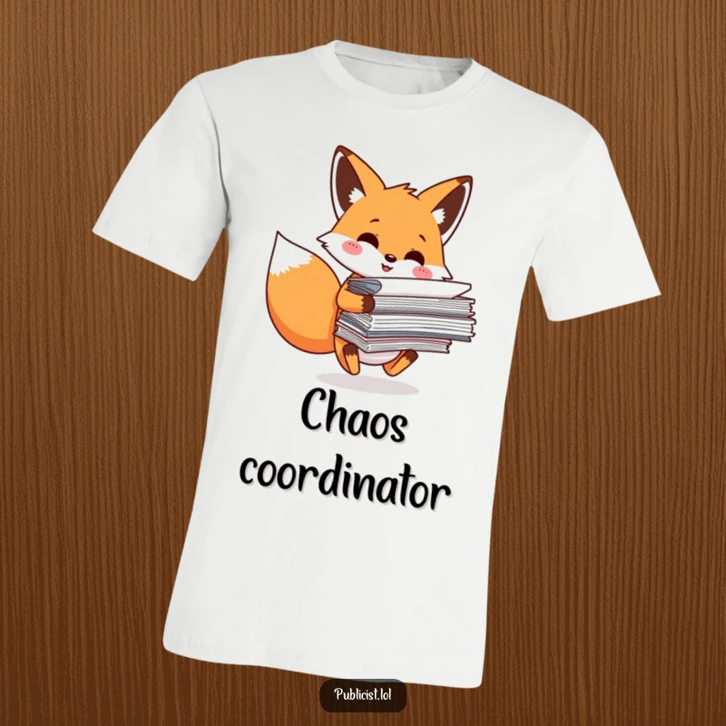Funny T-Shirt with a smiling fox character teetering under a massive stack of documents, embodying office chaos and everyday struggles humorously.