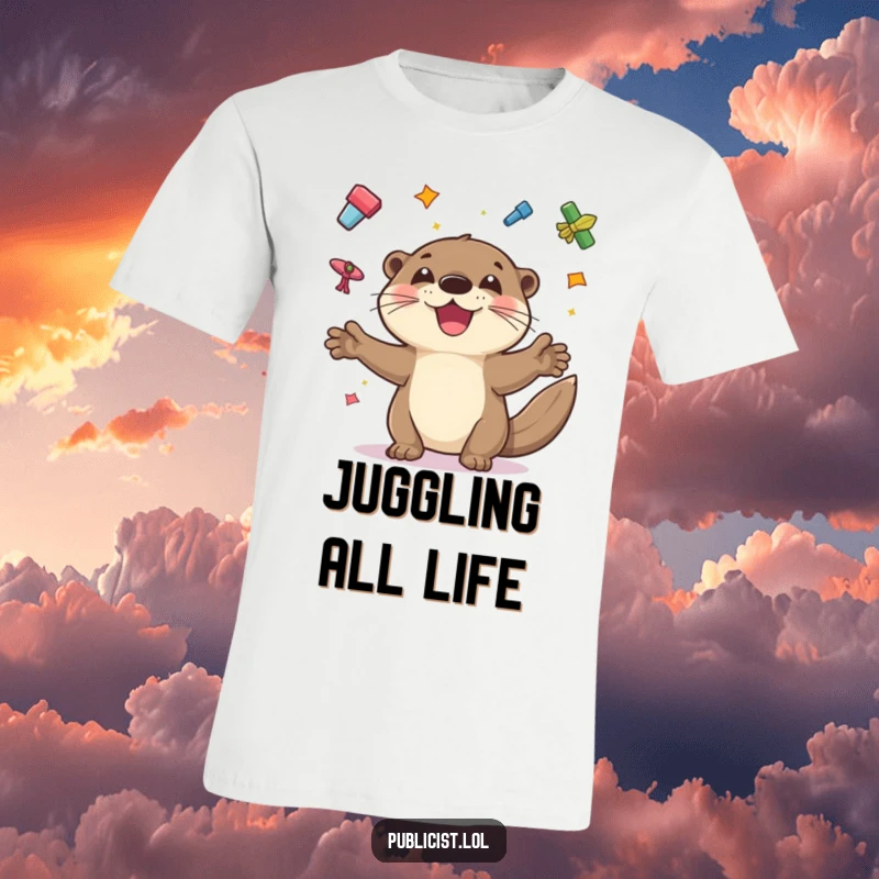 Funny t-shirt featuring a playful otter juggling colorful flyers with a wide grin, representing humorous efficiency and fun.