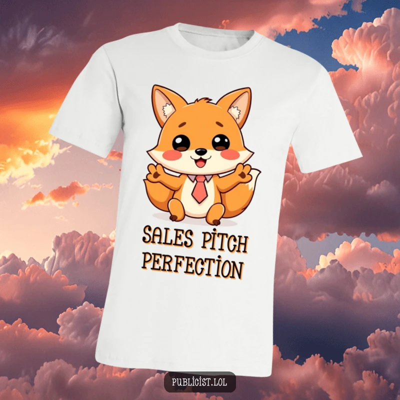 Funny t-shirt featuring a cheerful fox in a tiny tie, gesturing animatedly with its paws, symbolizing energetic expression.