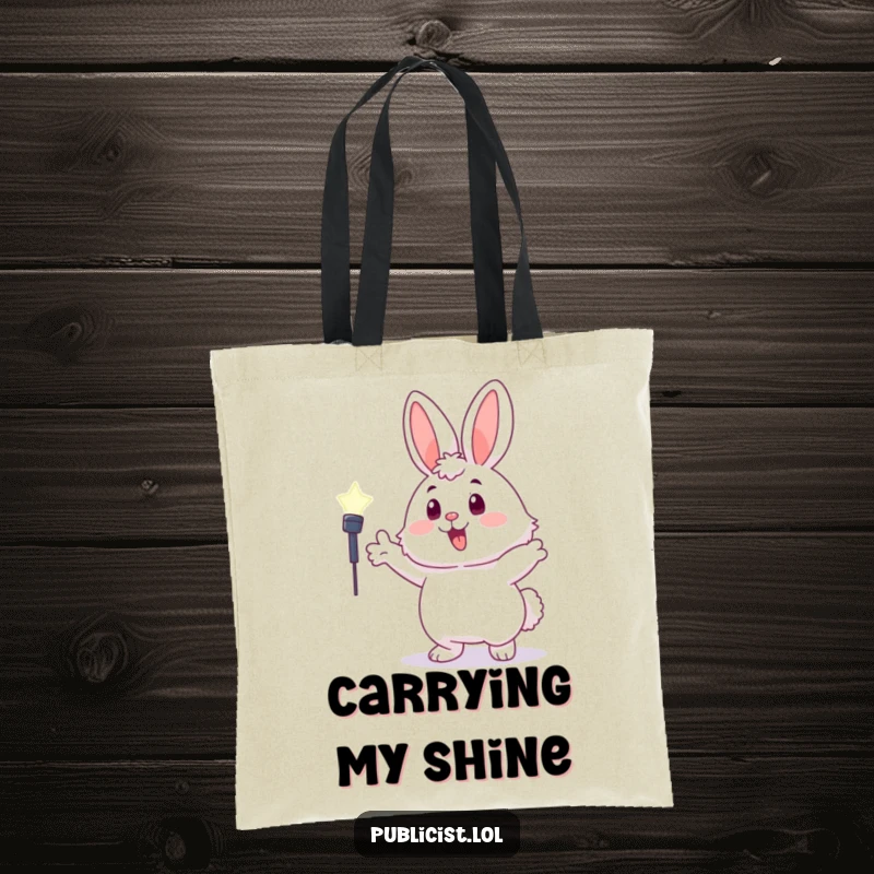 Funny fluffy bunny tote bag featuring a character enthusiastically gesturing towards a spotlight, ready to be adored.