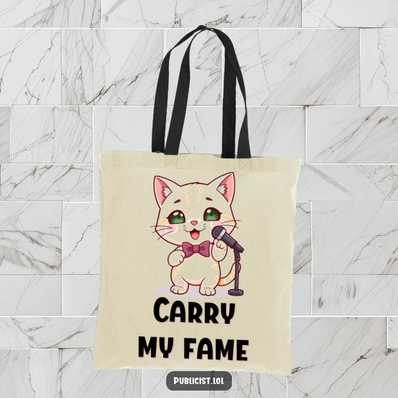 Funny cute cat tote bag featuring a cat in a bowtie holding a microphone and striking a pose, ready for stardom.